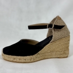 Czarne espadryle zamszowe skórzane na koturnie 7 cm LLORET-5 NEGRE sandały damskie z platformą 1,5 cm i sprzączką